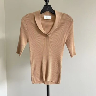 Polo acanalado manga corta cuello en V 100 % lana tostado talla L nuevo sin etiquetas 3.1 Phillip Lim para mujer Foto 1 de 4
