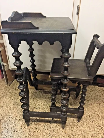 ANTIQUE  WALNUT TWISTED LEG CHILDS (OR SAMPLE)HAND MADE EUROPEAN DESK AND CHAIR Cover
