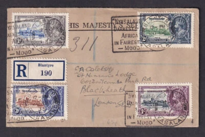 Nyasalandia 1935 Jubileo de Plata Set Cubierta a Londres + Eslogan Cancelar + Etiqueta Foto 1 de 2