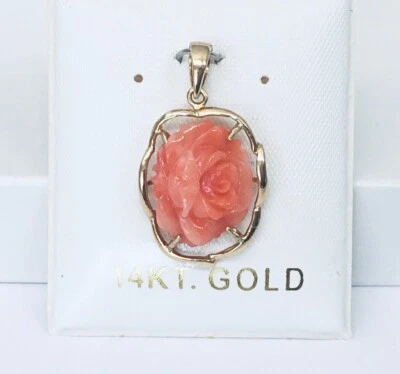 Solid 14K Yellow  Gold  Genuine Pink Coral Hand Carved Rose Flower  Pendants NEW - Image 1 of 4