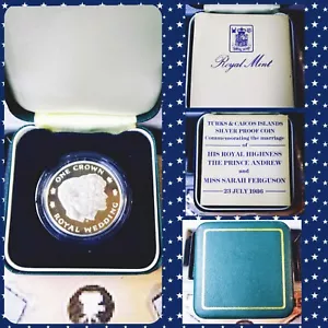 TURKS & CAICOS ISLANDS 1 Crown 1986 Silver Proof Royal Wedding Org Box COA #5K - Picture 1 of 4