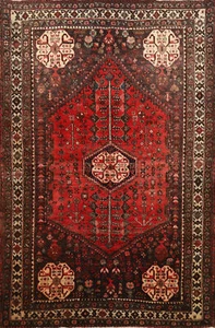 Vintage Geometric Tribal Traditional Hand-knotted Rug 4x5 Red Wool Carpet - Picture 1 of 20