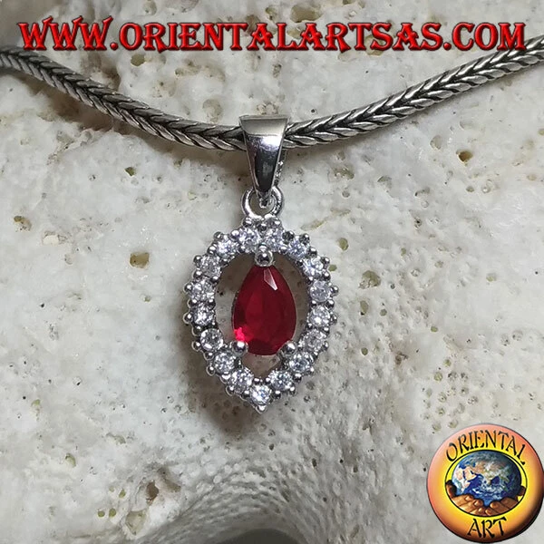 Ciondolo Argento 925‰ rubino sintetico a goccia su goccia rovesciata di zirconi - Immagine 1 di 1