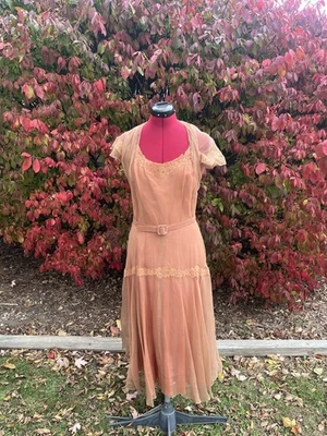 1940s Vintage Sheer Pink Fit Flare Dress Belted Lace Antique - Image 1 of 4