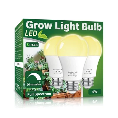 Paquete de 3 bombillas de cultivo de espectro completo, luces de cultivo A19 para plantas de interior, Dimma... Foto 1 de 4