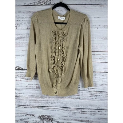 Suéter Josephine Studio Para Mujer Grande Dorado Metálico Mezcla Seda Volantes Cárdigan Foto 1 de 4