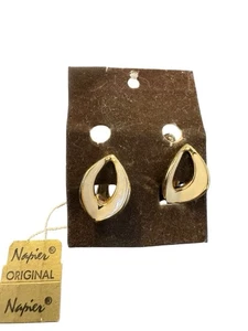 Vintage Napier Clip Earrings 1980s Gold And Cream Enamel New Original Card - Picture 1 of 9