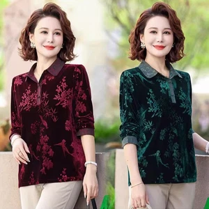 Damen Samt Shirts Tops Bluse Blumen T-Shirts Freizeit Plüsch Retro Mode - Bild 1 von 16