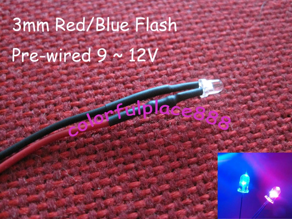 20pcs, 3mm Red Blue Flash Flashing 9V 12V DC Pre-Wired Water Clear LED Leds 20CM - Image 1 of 1