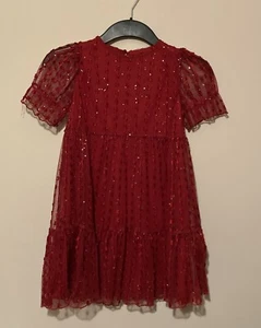 Next Kids Girls Occasion Dress Age 7 Red Mesh Overlay Lined Party Christmas - Picture 1 of 5