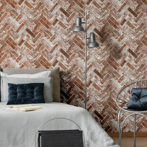 Herringbone Brick Distressed Red 3D Effect Realistic Textured Wallpaper 174501 - Picture 1 of 6