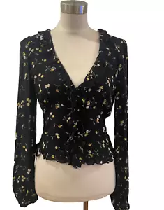 NWT Free People Black floral crepe chiffon blouse ruffle detail and smocking S - Picture 1 of 7