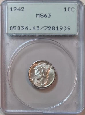 1942 Mercury 90% Silver Dime 10 Cent Coin MS63 PCGS Old Green Rattler Holder OGH - Image 1 of 4