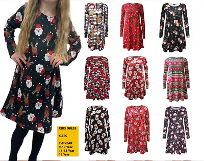 KIDS GIRLS DRESS SANTA SNOWMAN PENGUIN XMAS DRESSES CHRISTMAS SWING DRESS