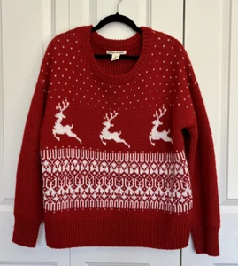 Yet Again Holiday Red w/ White Deer Wool Blend Sweater Women's Size Large - Picture 1 of 11