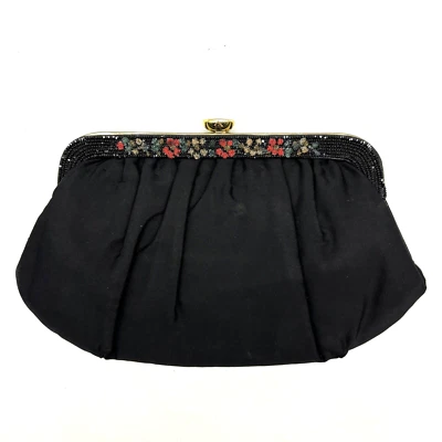 Bolso sin asas de noche vintage Garay negro satinado floral marco de cuentas con bisagra broche Foto 1 de 4