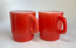 Vintage Anchor Hocking Oven Proof Red Milk Glass Coffee Mug Cup Set of 2 - Picture 1 of 8