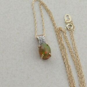 9k Yellow Gold Natural Ethiopian Opal & Diamond Necklace 10k Gold 18 inch chain