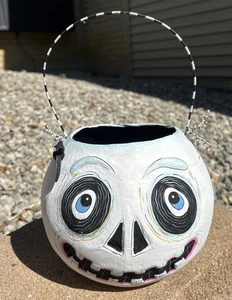 Vtg Dept 56 Glitterville Paper Mache Skeleton Halloween Candy Bucket Pail 7" - Picture 1 of 15