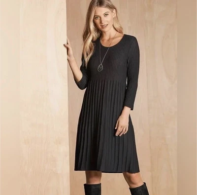 Vestido Suéter Eileen Fisher Negro Lavable Lana Liberación Plisado Tejido Talla XS  Foto 1 de 4