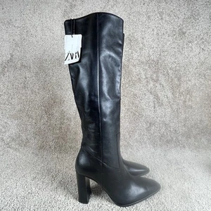 Zara Knee High Boots Womens Size 6 Black Leather High Heel Pointy Toe - Picture 1 of 10