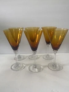 6 Beautiful Hand Blown Amber Clear Stem Wine Glasses 9.5” T - Afbeelding 1 van 10