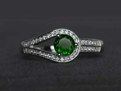 1.55CT Diopside Round Cut Green CZ 935 Argentium Silver Women's Fine Ring - Image 1 of 4