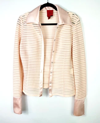 JS Collections 2 Piece Cami & Blouse Sz 8 Peach Stripe Satin Semi Sheer Formal - Image 1 of 4