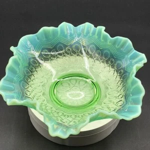 Jefferson Glass Green Blue Opalescent Ruffle Ridge Bowl Many Loops c1901-1907 - Picture 1 of 9