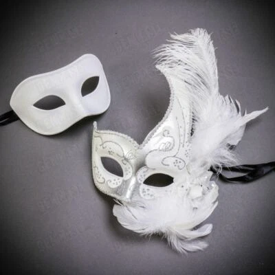 Silky White Silver Venetian Half Face Masquerade Masks With Feather for Couples - Image 1 of 3