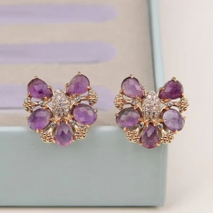 Natural Purple Amethsyt Quartz Stone Gold Plated CZ Zircon Paved Butterfly Stud - Bild 1 von 9