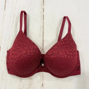 Victoria Secret Underwire Bra Dark Red All Lace Print leopard Logo Sz 32D EUC - Picture 1 of 4