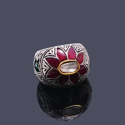 22 karat Gold Kundan Meena mughal diamond ruby ring studded with diamond polki  - Image 1 of 4