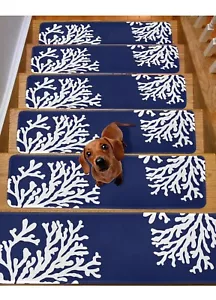 Navy Blue Coral Non-Slip Carpet Stair Treads 4 Wooden Steps Set of 15 30''X8'' I - Picture 1 of 5
