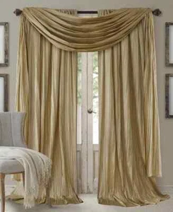 Elrene  Athena Faux Silk Curtain Panels 52 x108'' & Scarf Valance Set of 3 Gold - Picture 1 of 4