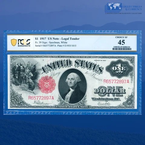 Fr.39 1917 $1 One Dollar "SAWHORSE REVERSE" Legal Tender Note, PCGS 45 #72897 Cover
