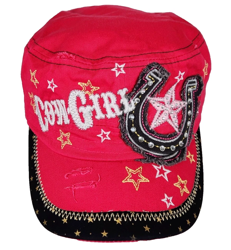 CowGirl Horseshoe Stars Cadet Hat Cow Girl Cap Pink Distressed Embroidered - Image 1 of 4