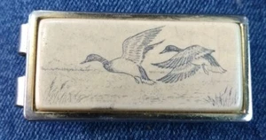 Vintage ANSON Tie or Money Clip W/Scrimshaw Style Gold Tone Ducks Hunting Birds - Picture 1 of 6