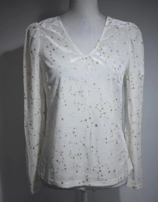 Allegra K White Long Puff Sleeved Gold Star Galaxy Print Velvet Top Small 10-12 - Image 1 of 4