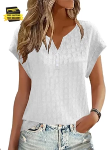 Summer Tops Womens T Shirts Cap Short Sleeve Button down V Neck Textured Solid C - Picture 1 of 6