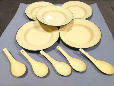 Set 10 pcs Dinnerware Plates Spoons vintage camping round dishes enamelware O - Image 1 of 4