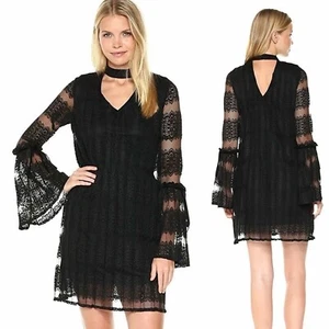 Laundry by Shelli Segal Mock Neck Pleated Lace Dress Black Bell Sleeves Sz 2 - Picture 1 of 6