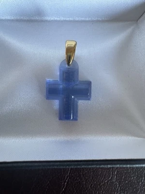 Lalique Purple/Blue Crystal Cross Amoureuse Passion Pendant with Gold hardware.  - Image 1 of 4