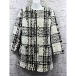 M&S Boucle Coat Jacket Grey Black White Plaid Size 14 Zip Front Dark Academia - Picture 1 of 10