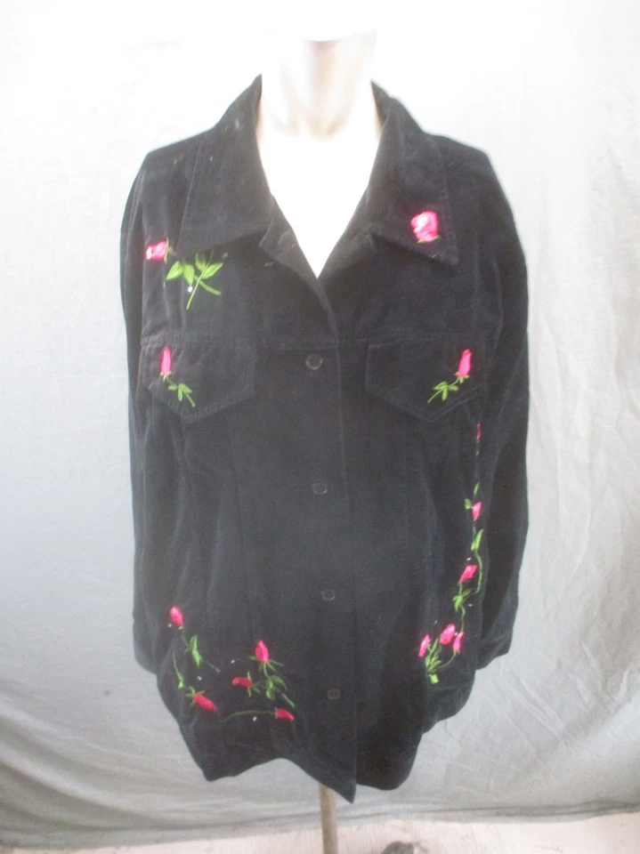 Quacker Factory Size L Womens BLK Cotton Velvet Button Up Embroidered Blazer 301 - Image 1 of 4