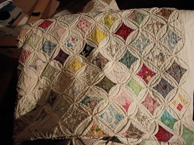 Antique Cathedral Windows Quilt – 88x88" – Hand Stitched Patchwork Bedspread - Image 1 of 4