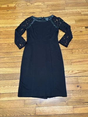 Adrianna Papell Womens Dress Sz 6 Black Long Lacey Sleeve Midi Faux Leather Trim - Image 1 of 4