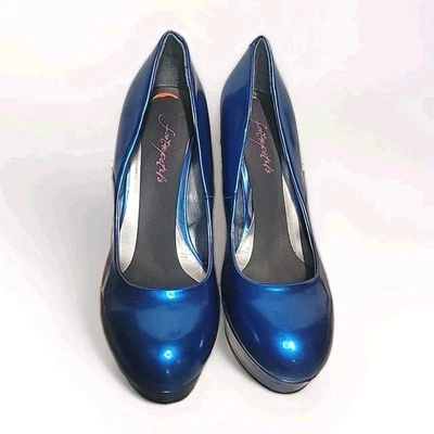 Guess Platform Pumps Size 9.5 Cobalt Blue Metallic Faux Patent Leather Stilettos - Image 1 of 4