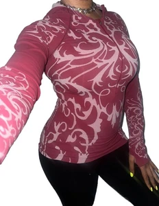 Athleta Top Shirt Hoodie Half 1/4 Zip Thumbhole Nylon Red Print Women Sz Small S - Picture 1 of 3