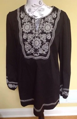 Vintage Victor Costa Occasion Black Blouse With White Embroidery Size Large - Image 1 of 4